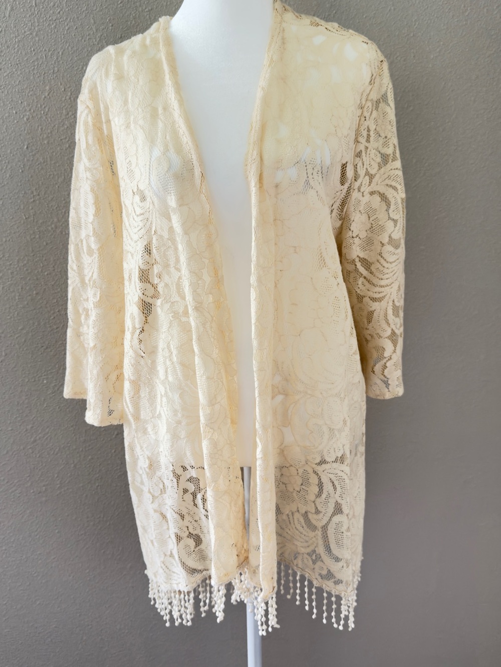Espresso Cream Floral Lace Kimono Robe with Beaded Fringe